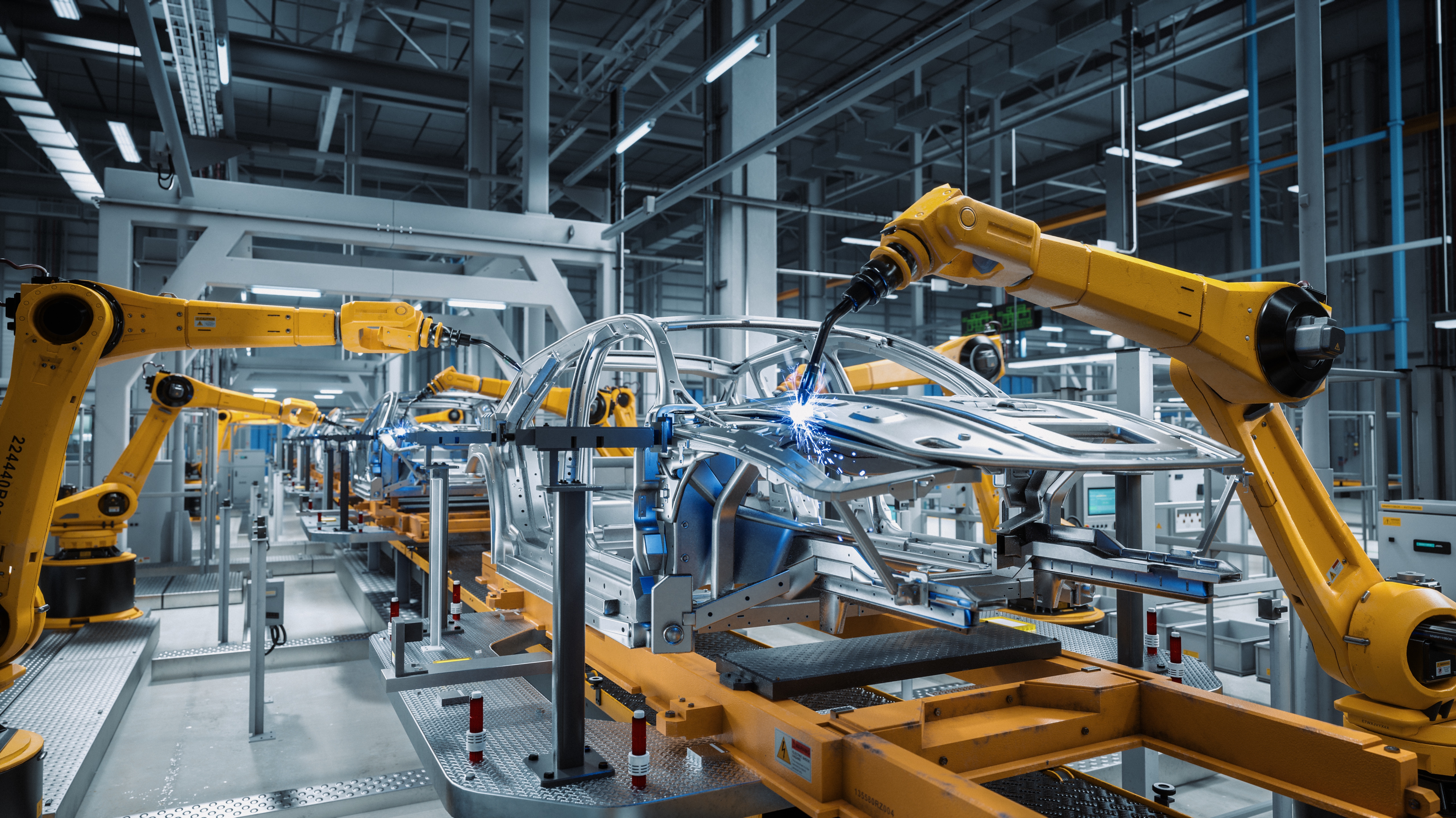 Robotic arms assembling a car frame in an automated factory setting.