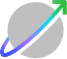A gray circle with a multicolored arrow wrapping around it, pointing upward and to the right. The arrow transitions from blue to purple to green.