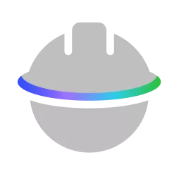 Gray spherical logo with a rainbow-colored horizontal band on a black background.
