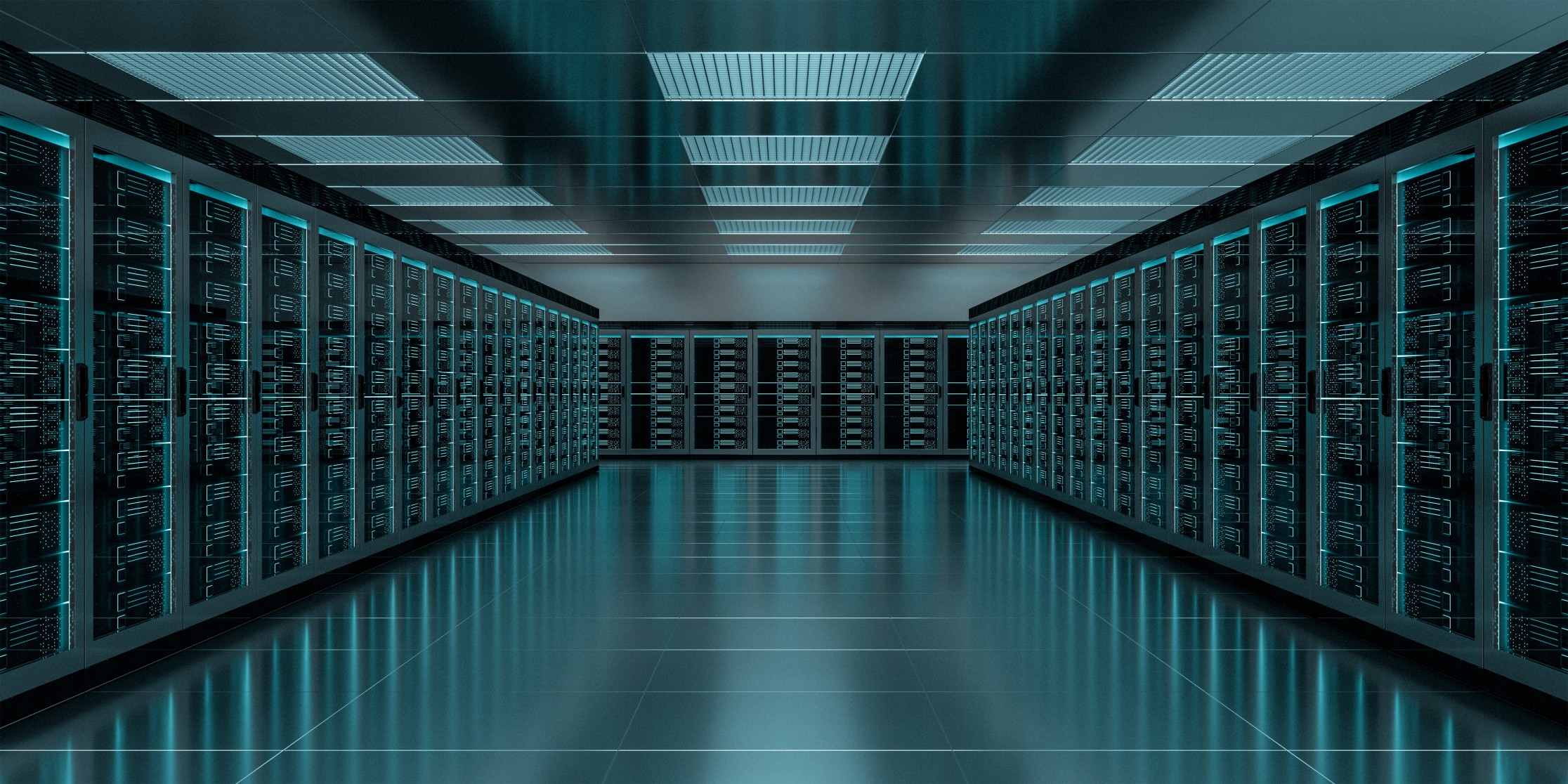 A modern data center with rows of server racks illuminated by blue lighting. The floor and ceiling are reflective, enhancing the futuristic appearance.