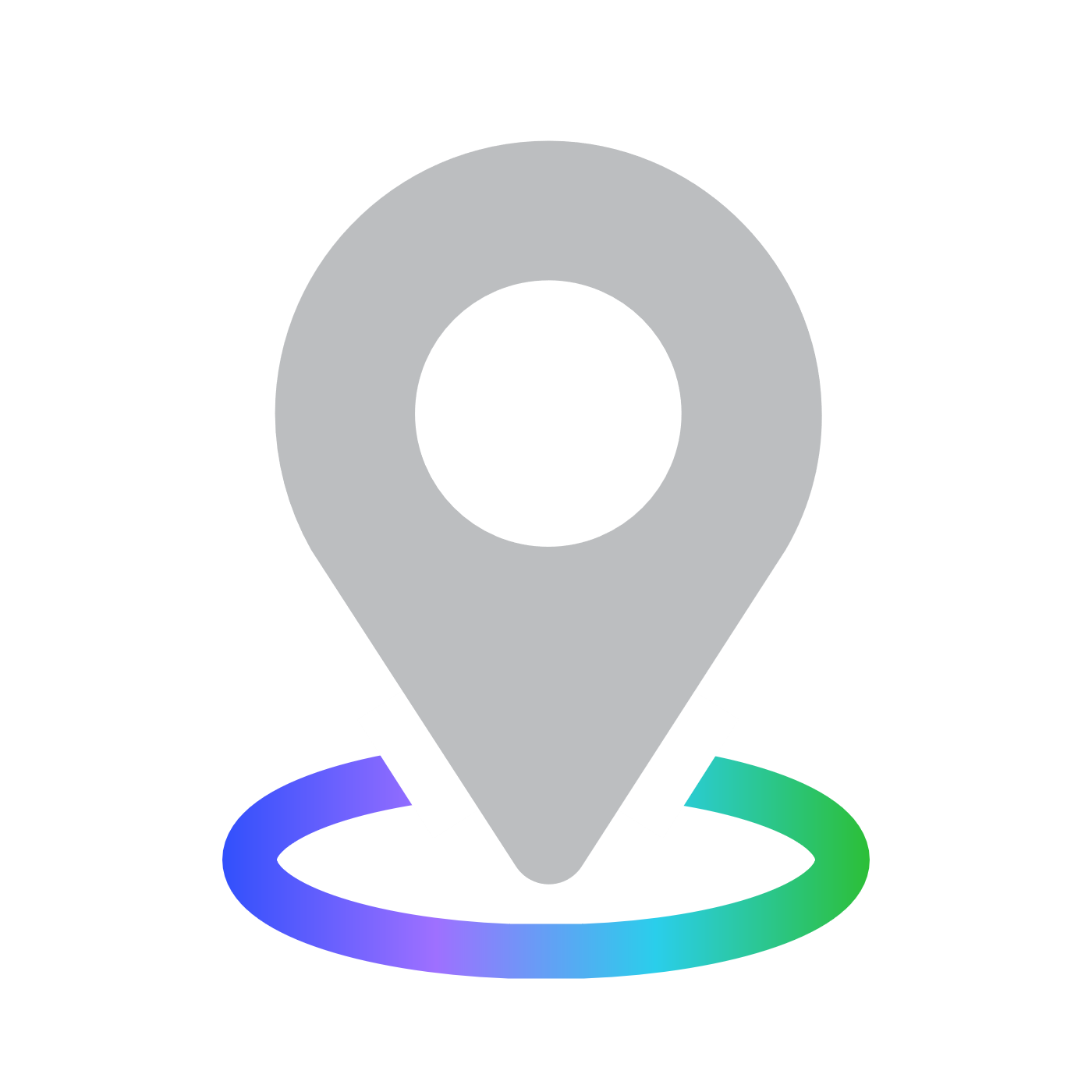 A gray location pin icon with a circular gradient ring in blue, purple, and green on a black background.