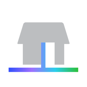 Illustration of a gray house with a blue and green line underneath, symbolizing energy flow.