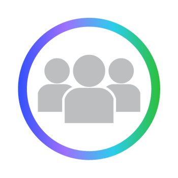 Icon showing three gray human figures inside a circular border with a gradient color from blue to green, representing a group or community.