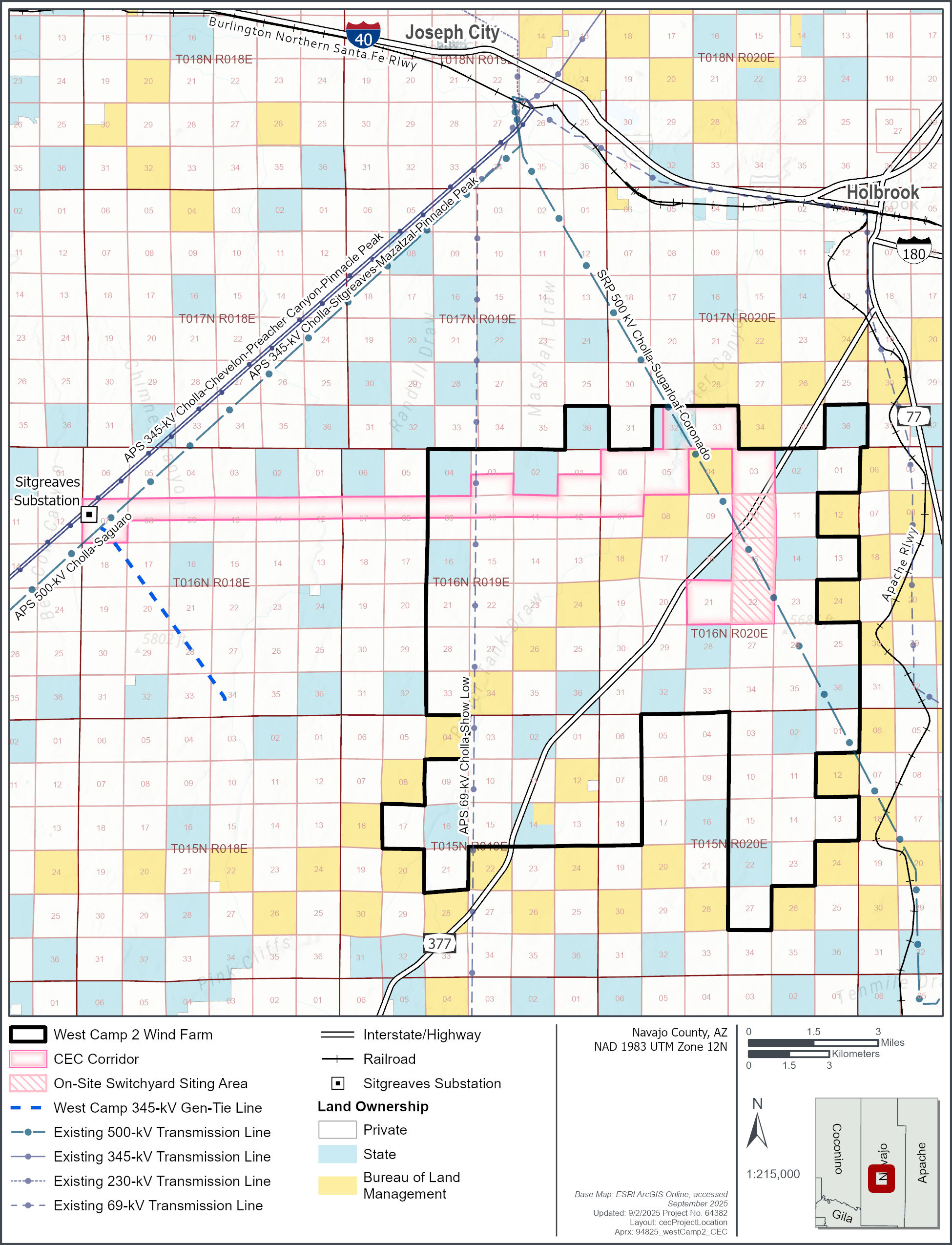 Map of Navajo County, Arizona, showing West Camp 2 Wind Farm, Sitgreaves Substation, transmission lines, highways, railroads, and land ownership types including private, state, and Bureau of Land Management. Key locations include Joseph City and Holbrook, with a legend and scale provided.