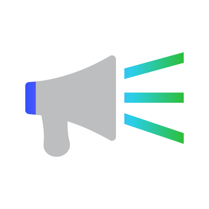 Simple illustration of a gray megaphone with blue and green sound waves emanating from it, symbolizing announcement or communication.