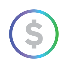 Gray dollar sign symbol inside a circular gradient border with blue, purple, and green colors on a black background.