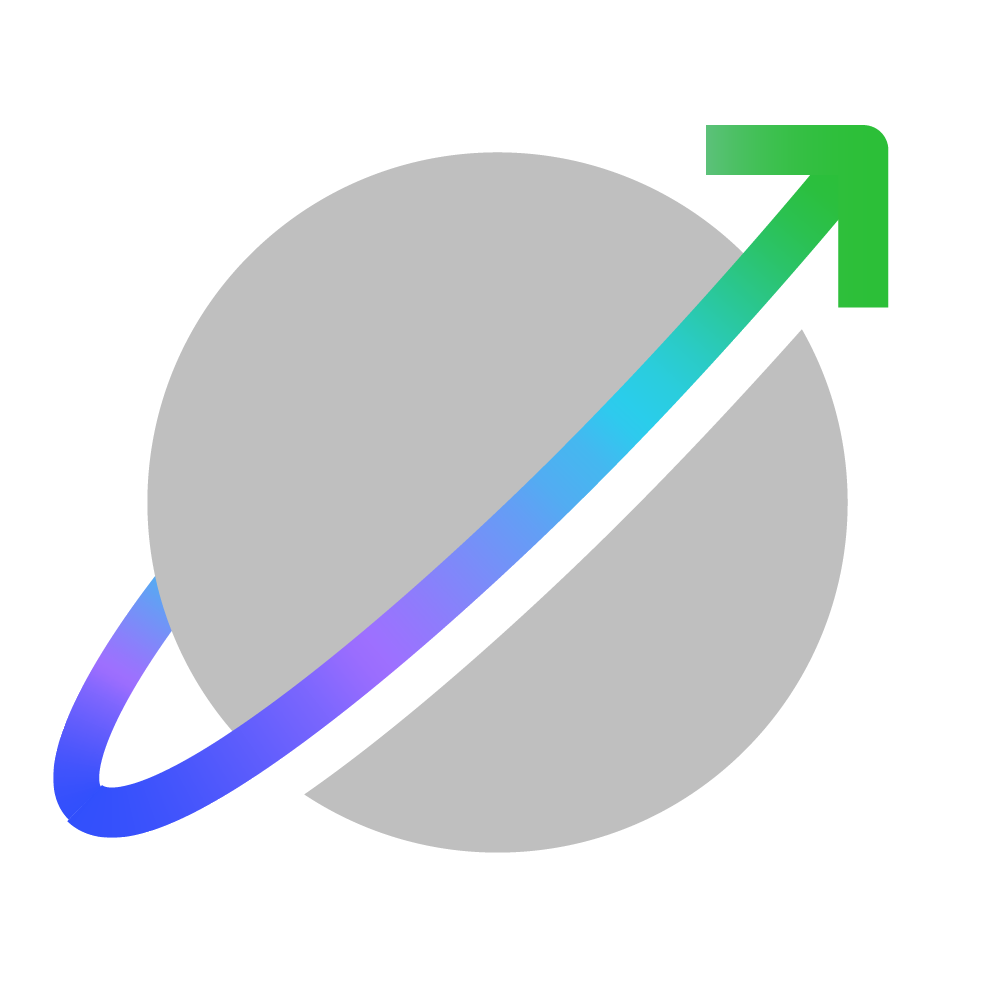 A gray circle with a gradient arrow wrapping around it, transitioning from blue to green, pointing upwards to the right.