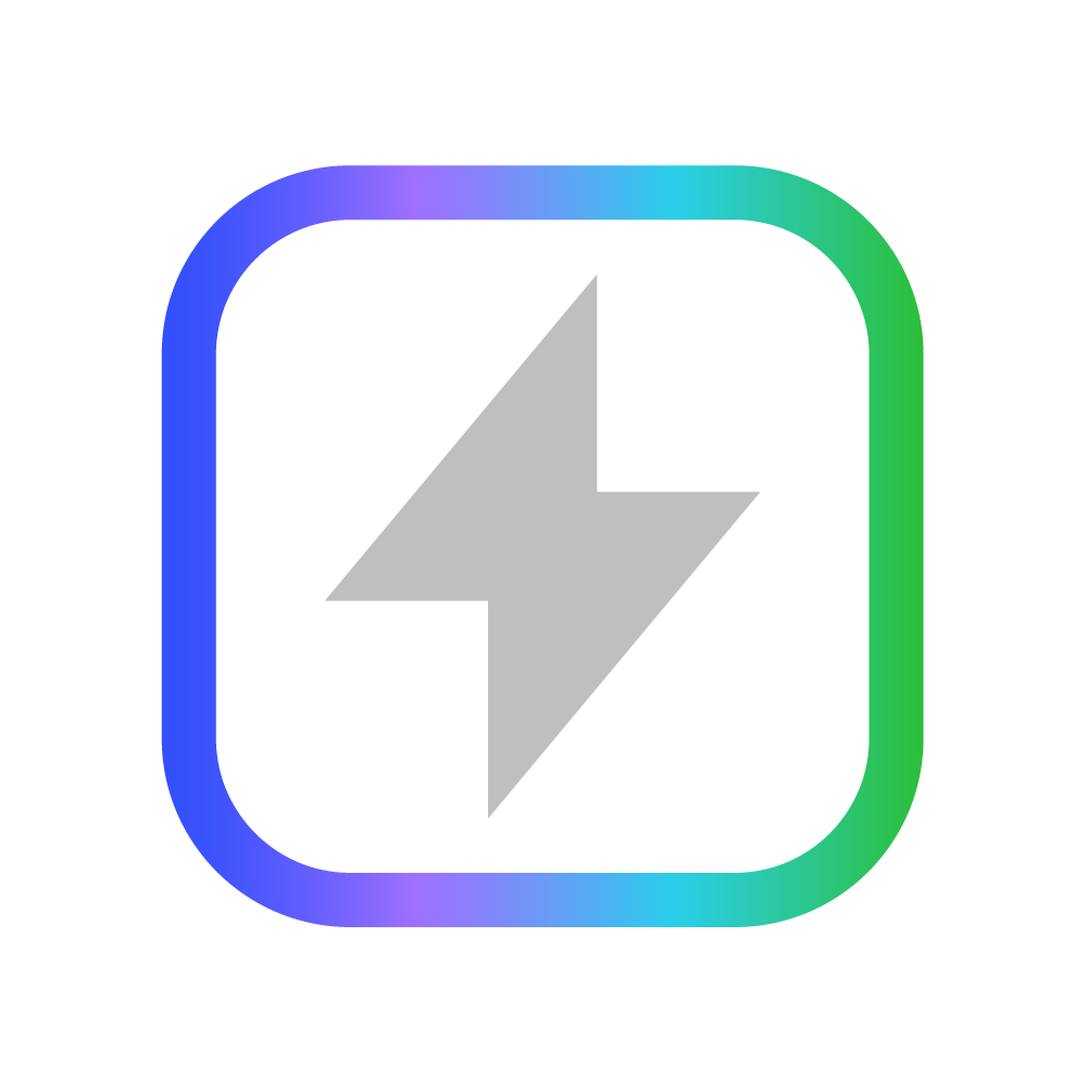 A gray lightning bolt icon inside a square with a gradient border from blue to green.