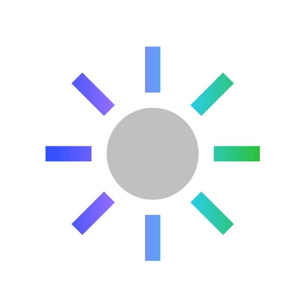 Abstract sun icon with a gray circle center and colorful rays in blue, purple, and green on a white background.