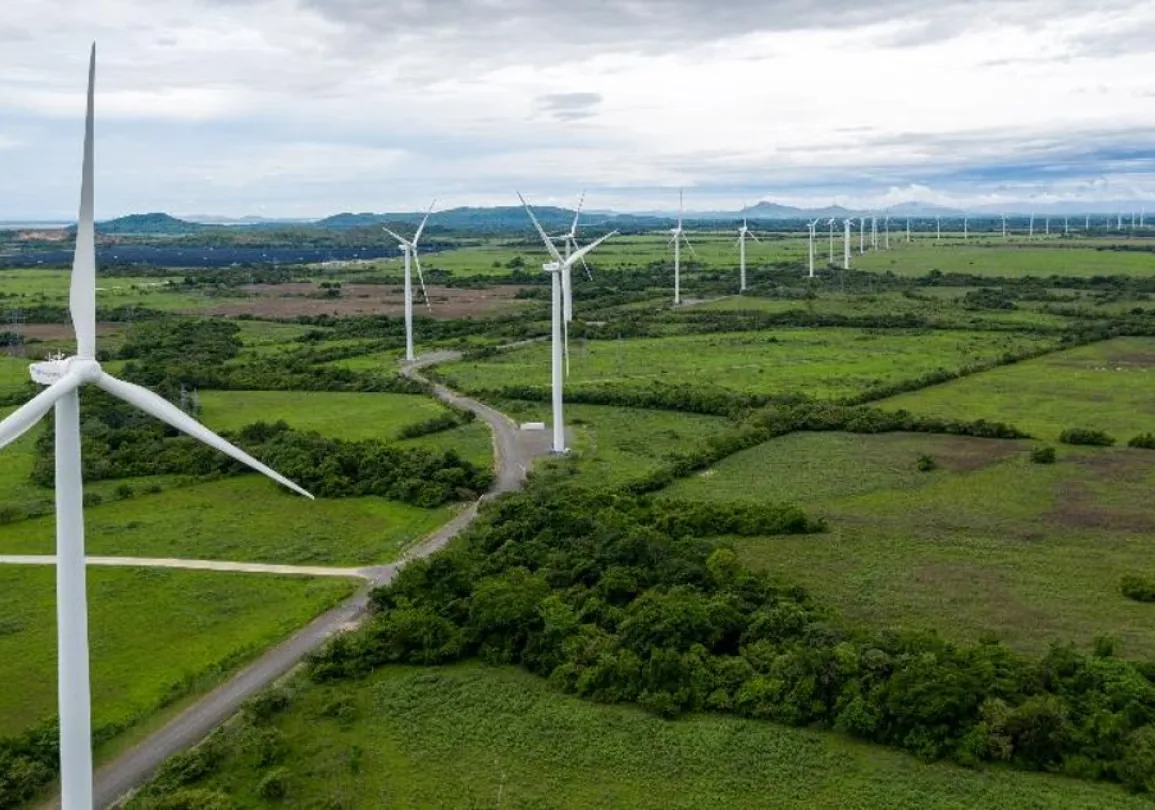 Aerial view of a wind farm with multiple wind turbines spread across a vast green landscape. The turbines are aligned in rows, stretching into the distance under a cloudy sky. The area is surrounded by patches of trees and fields.