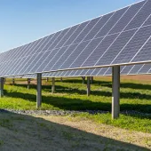 Rows of solar panels on a green field under a clear blue sky, generating renewable energy.