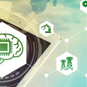 A digital illustration showing a hand interacting with a tablet displaying a brain with a microchip, symbolizing technology integration. Surrounding icons represent connectivity, automation, and renewable energy, with wind turbines in the background.