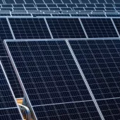 Rows of dark blue solar panels with grid patterns are installed outdoors, capturing sunlight for energy conversion.