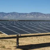 Rows of solar panels in a desert landscape with mountains in the background under a clear blue sky.