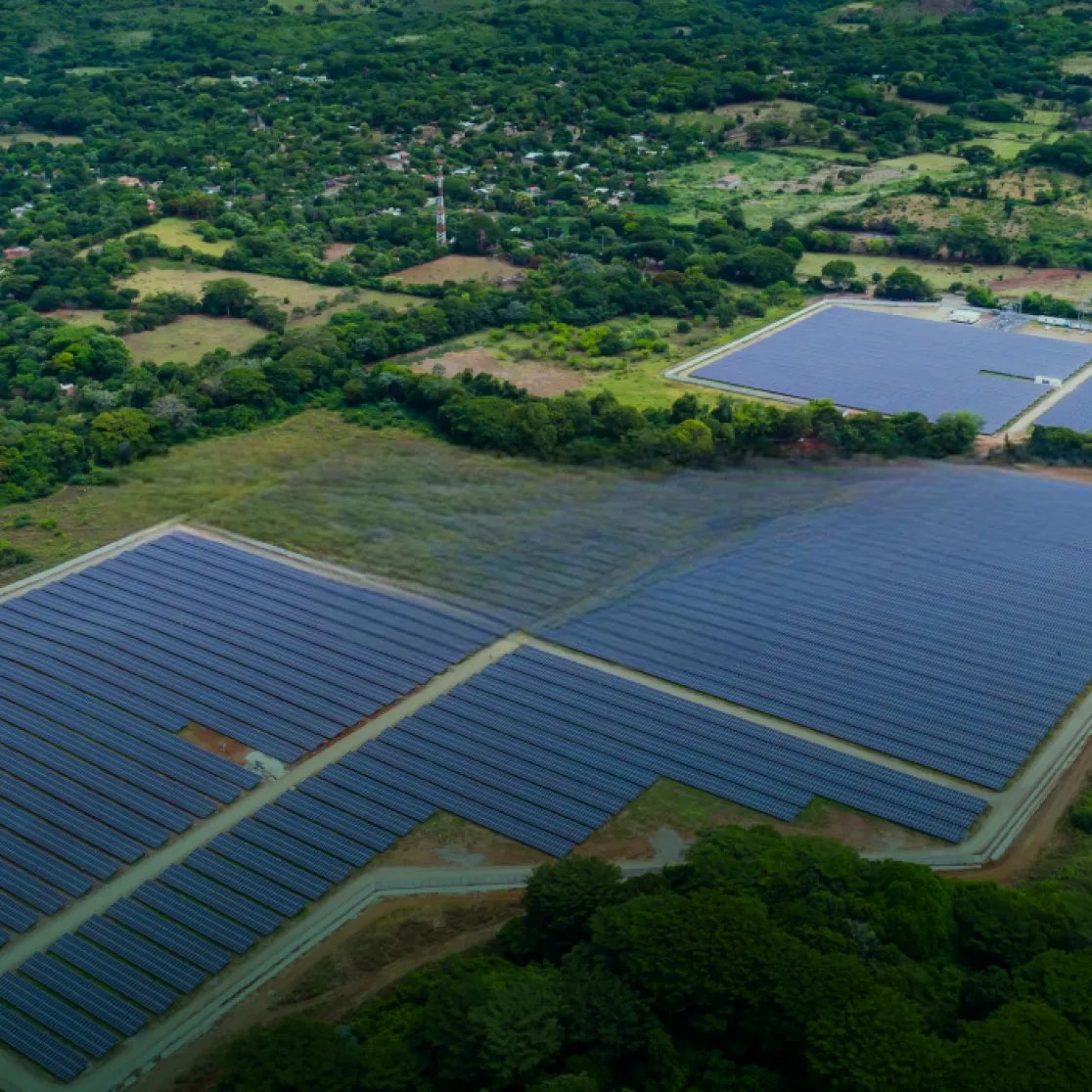 Aerial view of a large solar farm with rows of solar panels surrounded by green fields and trees.
