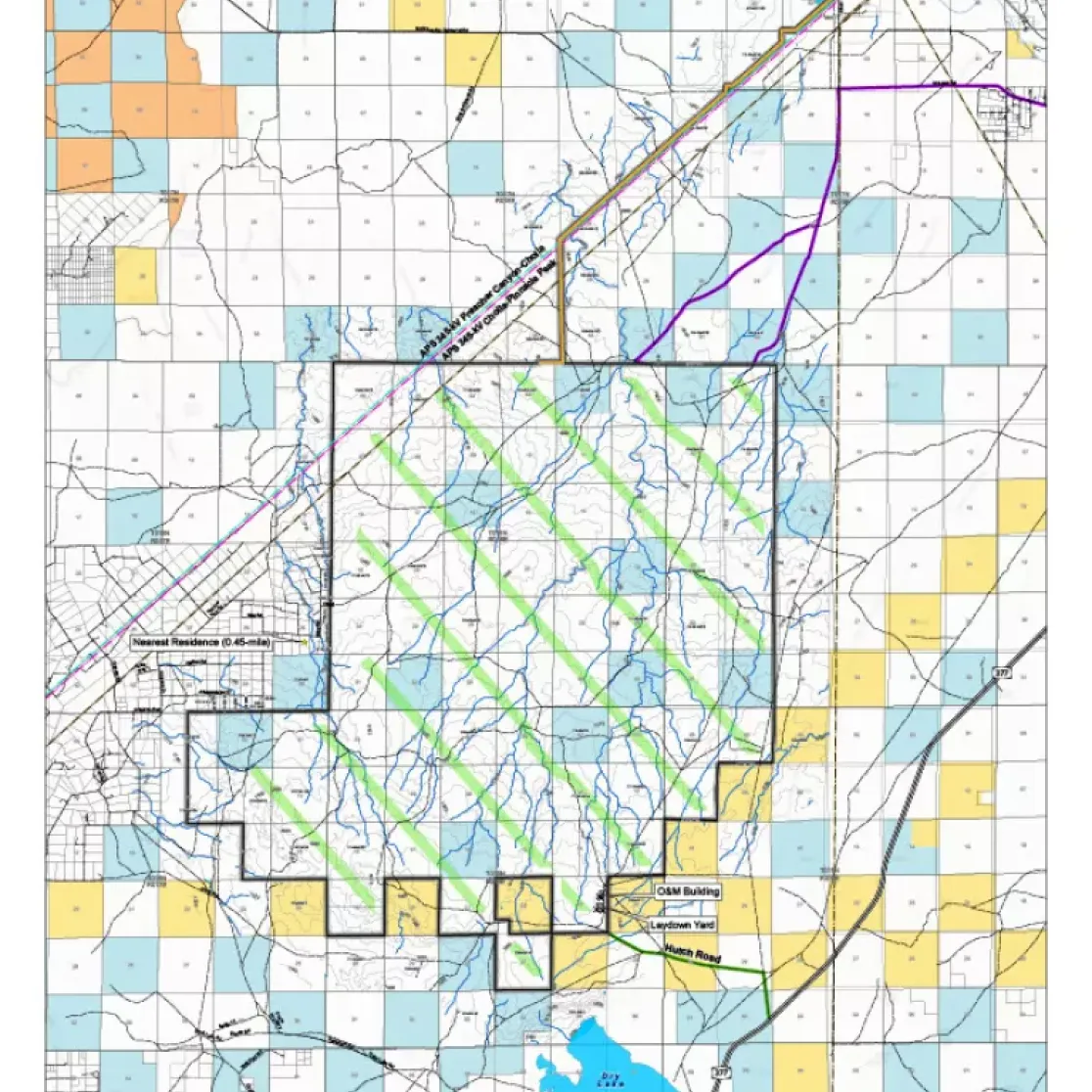Map of West Camp Wind Farm in Navajo County, Arizona. The map shows a grid layout with various colored squares indicating different land uses. Key locations like the O&M Building, Laydown Yard, and Hatch Road are marked. The nearest residence is noted as 0.45 miles away. Blue lines represent water features, and green lines indicate wind farm boundaries.