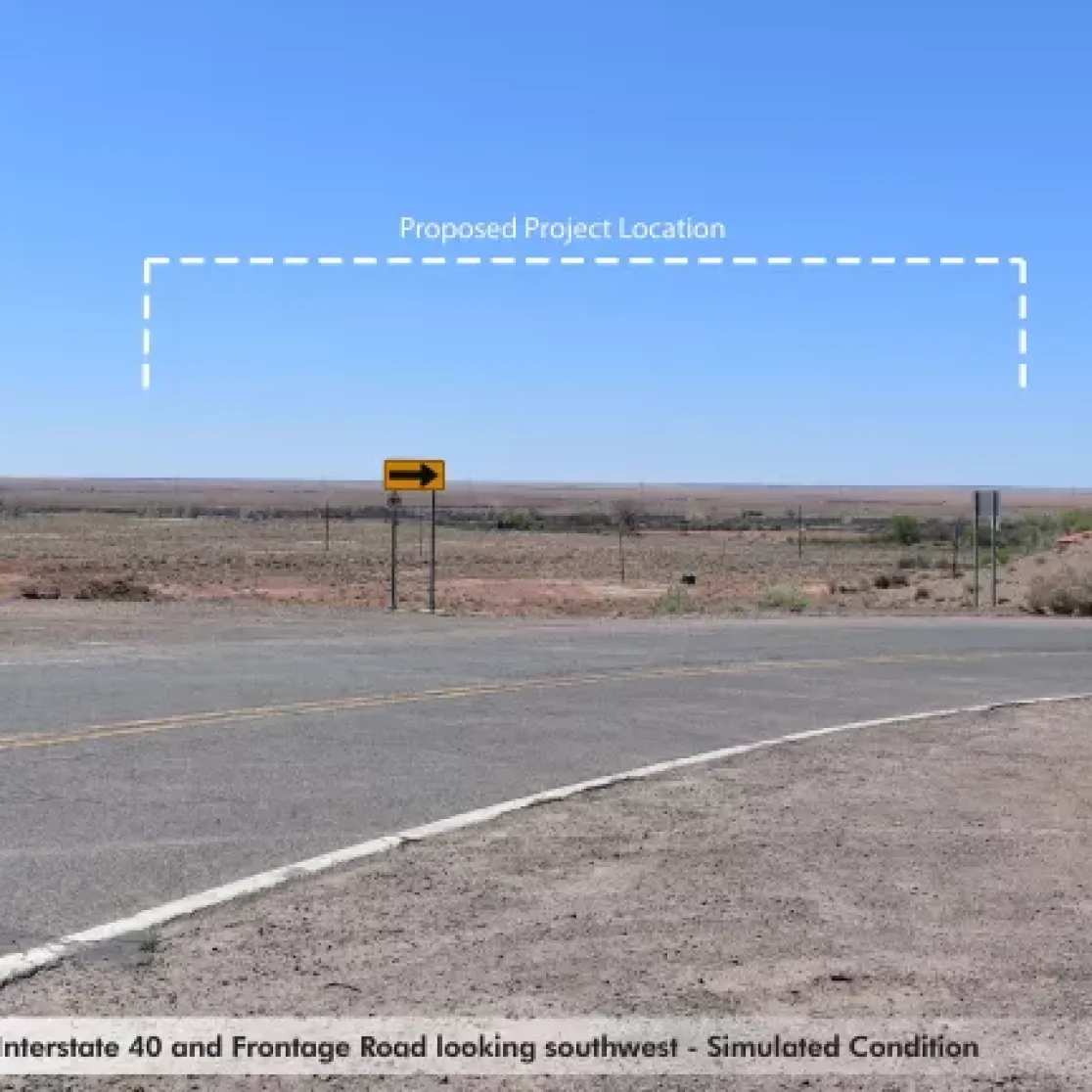 A desert landscape viewed from a road intersection with a directional arrow sign pointing left. The sky is clear blue. A dashed line labeled 'Proposed Project Location' is drawn in the sky, indicating a future development area.