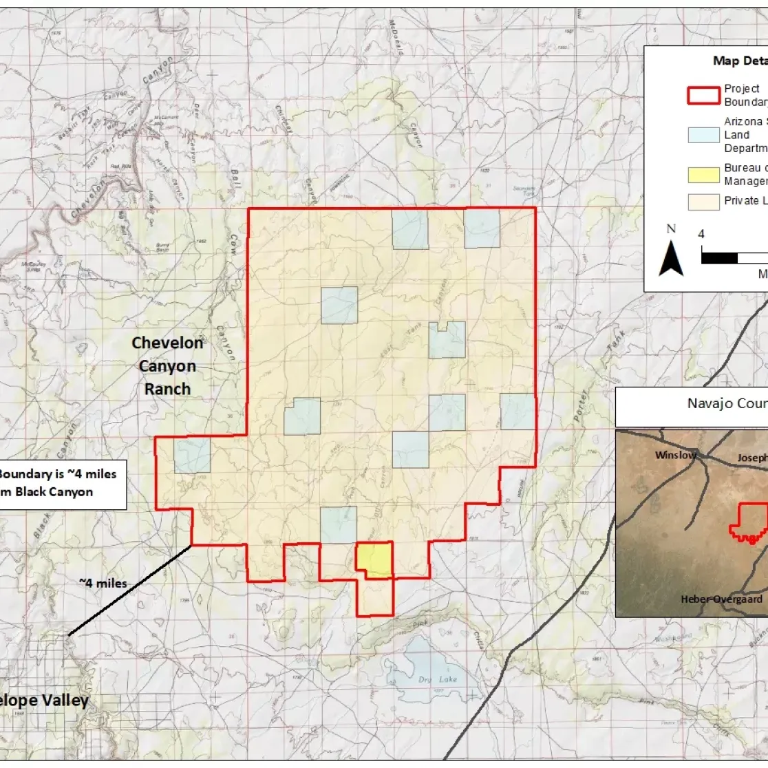 Map showing the Chevelon Canyon Ranch project area outlined in red, located in Navajo County, Arizona. The project boundary is approximately 4 miles from Black Canyon. The map includes land designations: Arizona State Land (blue), Bureau of Land Management (yellow), and Private Land. An inset shows the project's location relative to Winslow, Joseph City, Holbrook, and other towns.