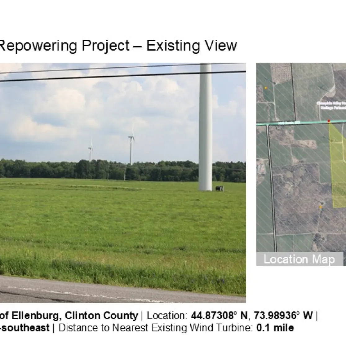 Image titled 'Ellenburg Wind Repowering Project – Existing View' showing a landscape with several wind turbines on a grassy field. A map on the right highlights the project location with a yellow shaded area. Text at the bottom provides location details: State Route 190, Town of Ellenburg, Clinton County, coordinates, direction of view as south-southeast, and distance to nearest wind turbine as 0.1 mile.