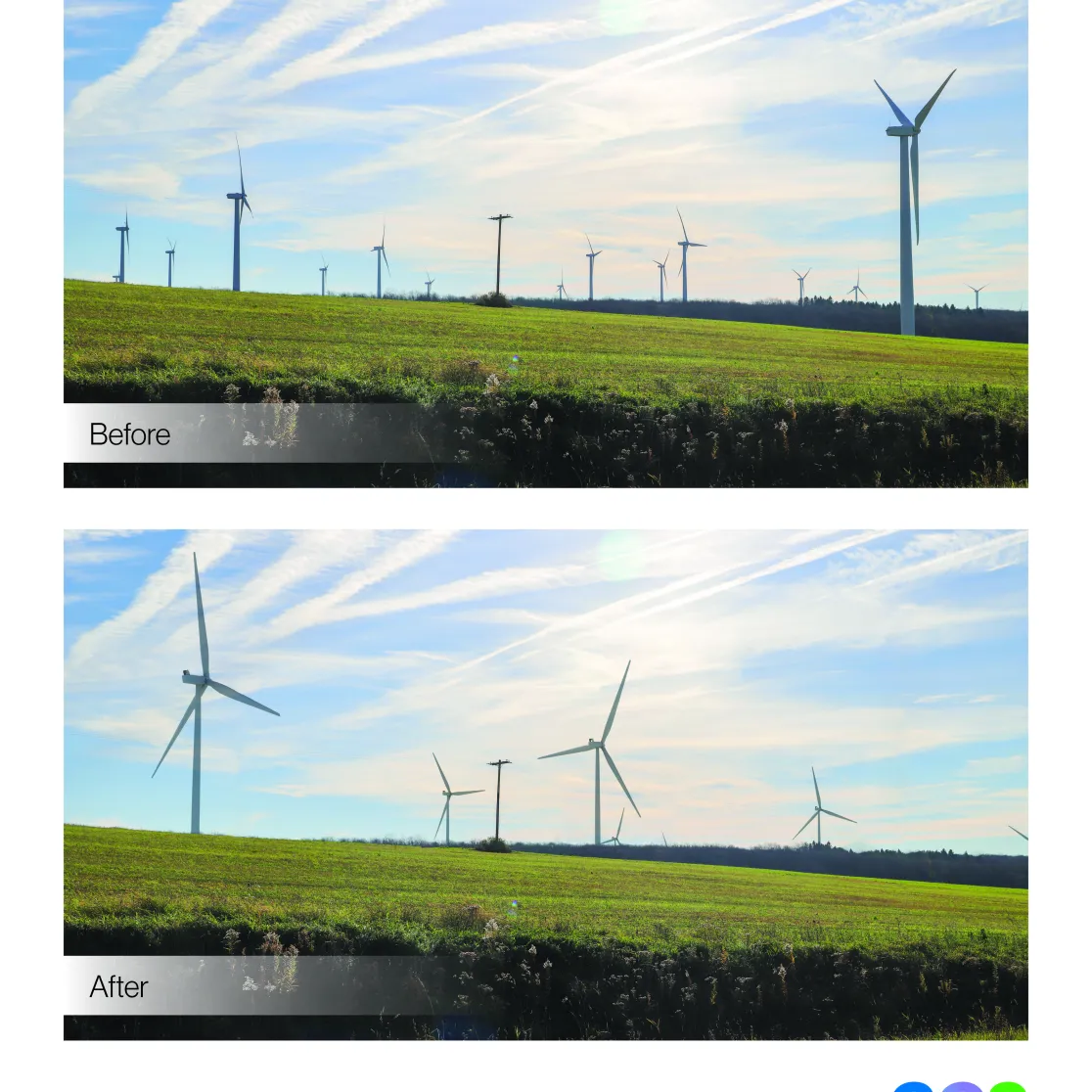 The image shows two panoramic views of a wind farm in a grassy field under a blue sky. The top image, labeled 'Before,' displays several wind turbines with a hazy sky. The bottom image, labeled 'After,' shows the same scene with clearer skies and more vibrant colors. The AES logo is in the bottom right corner.