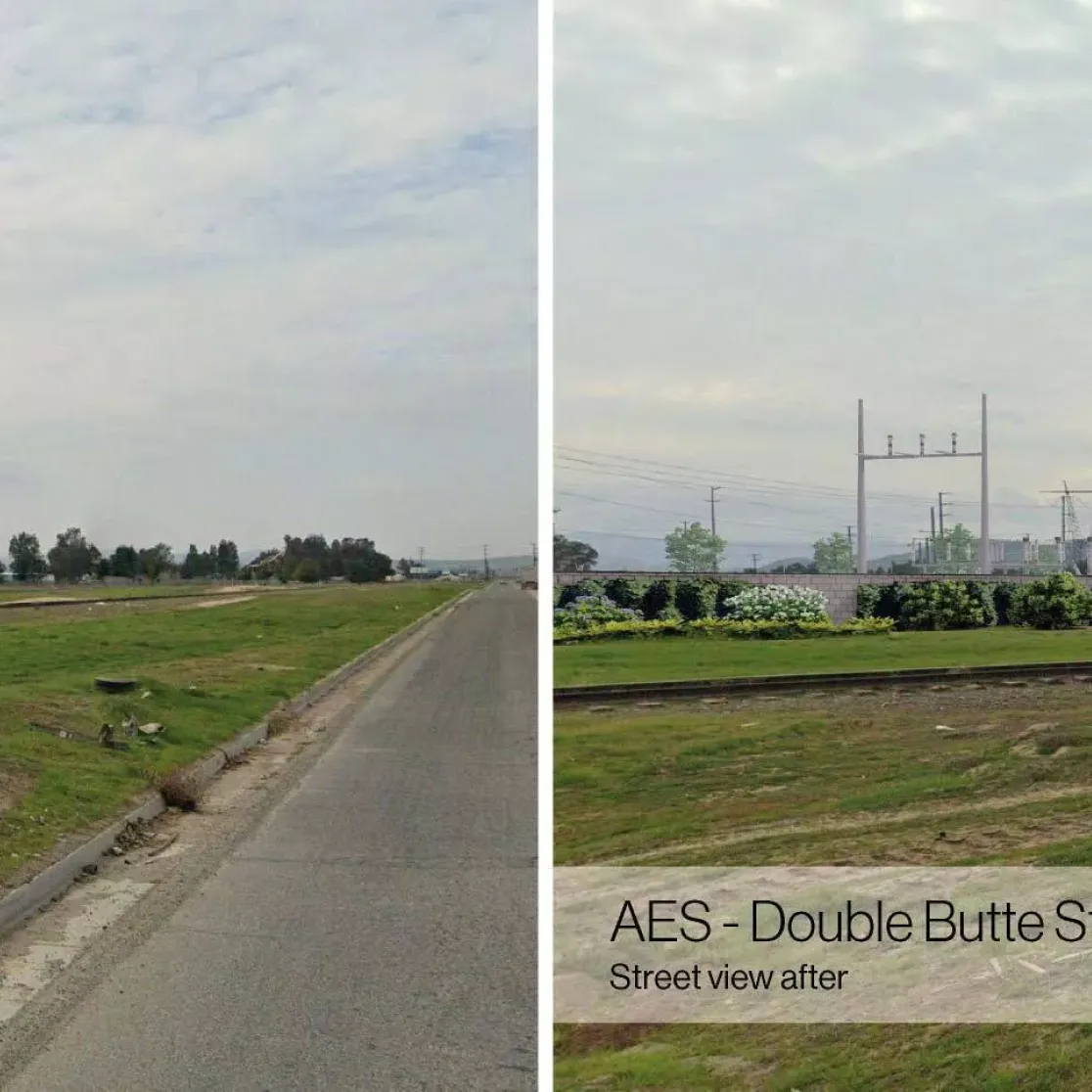 Side-by-side images of AES - Double Butte Storage. Left: Street view before, showing an open grassy area with a railway track and distant utility poles. Right: Street view after, depicting the same area with added vegetation and a visible fence along the railway. The sky is overcast in both images.