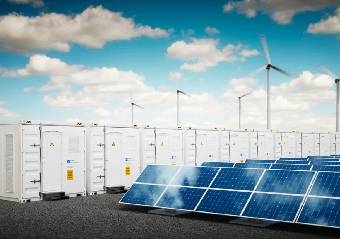 Image of an energy storage facility featuring rows of white containers labeled 'Energy Storage' with a blue lightning bolt symbol. In the foreground, there are several solar panels, and in the background, wind turbines are visible under a partly cloudy sky.
