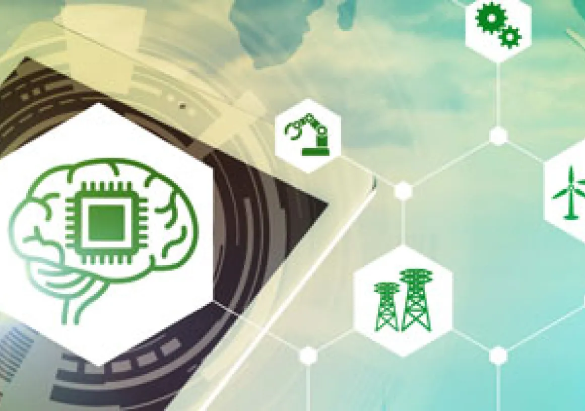 A digital illustration showing a hand interacting with a tablet displaying a brain with a microchip, symbolizing technology integration. Surrounding icons represent connectivity, automation, and renewable energy, with wind turbines in the background.
