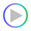 A gray play button inside a circular gradient border transitioning from purple to blue to green.