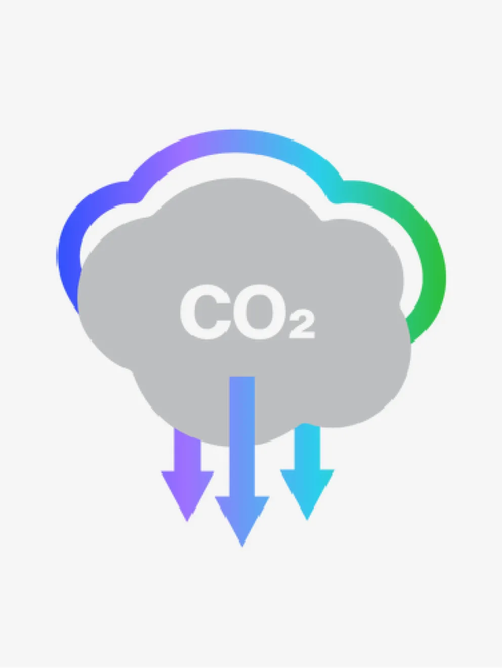 Illustration of a gray cloud with 'CO2' text, featuring arrows pointing downward in blue and purple, symbolizing carbon reduction.