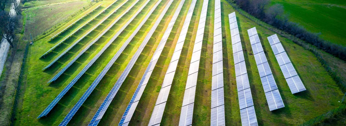 Aerial view of a solar farm with multiple rows of solar panels on a grassy field, surrounded by green countryside and trees.