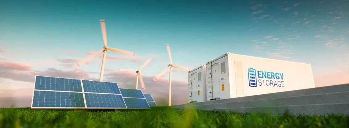 A landscape featuring solar panels, wind turbines, and a white container labeled 'Energy Storage' on a grassy field under a blue sky.