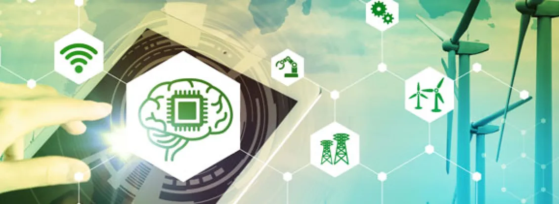 A digital illustration showing a hand interacting with a tablet displaying a brain with a microchip, symbolizing technology integration. Surrounding icons represent connectivity, automation, and renewable energy, with wind turbines in the background.