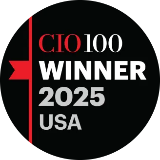 A circular logo with a black background. On the left, a red vertical bar with a ribbon shape. Text reads 'CIO 100 WINNER 2025 USA' in white and red letters.