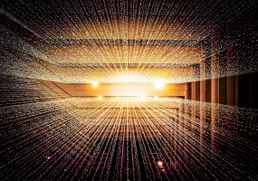 Rows of small white lights suspended in a geometric pattern inside a modern building, creating a radiant, starburst effect with warm lighting in the background.