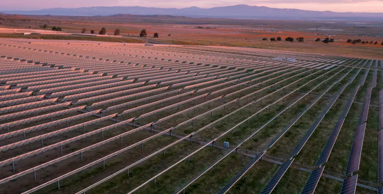 Wide view of a large solar farm with rows of solar panels stretching across a grassy field at sunset, with distant mountains and a colorful sky in the background.