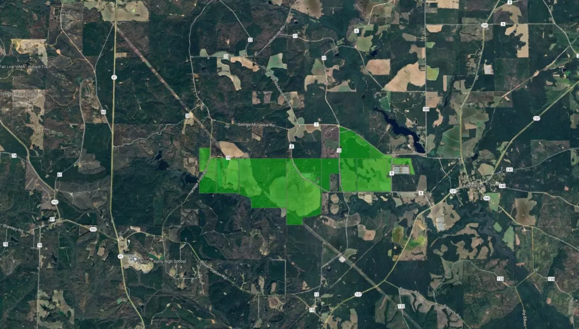A satellite map showing a rural area with roads, fields, and forests. A large green rectangular area is highlighted, possibly indicating a specific zone or property. Several labeled roads and geographic features are visible, including Marion County High School and Tazewell.
