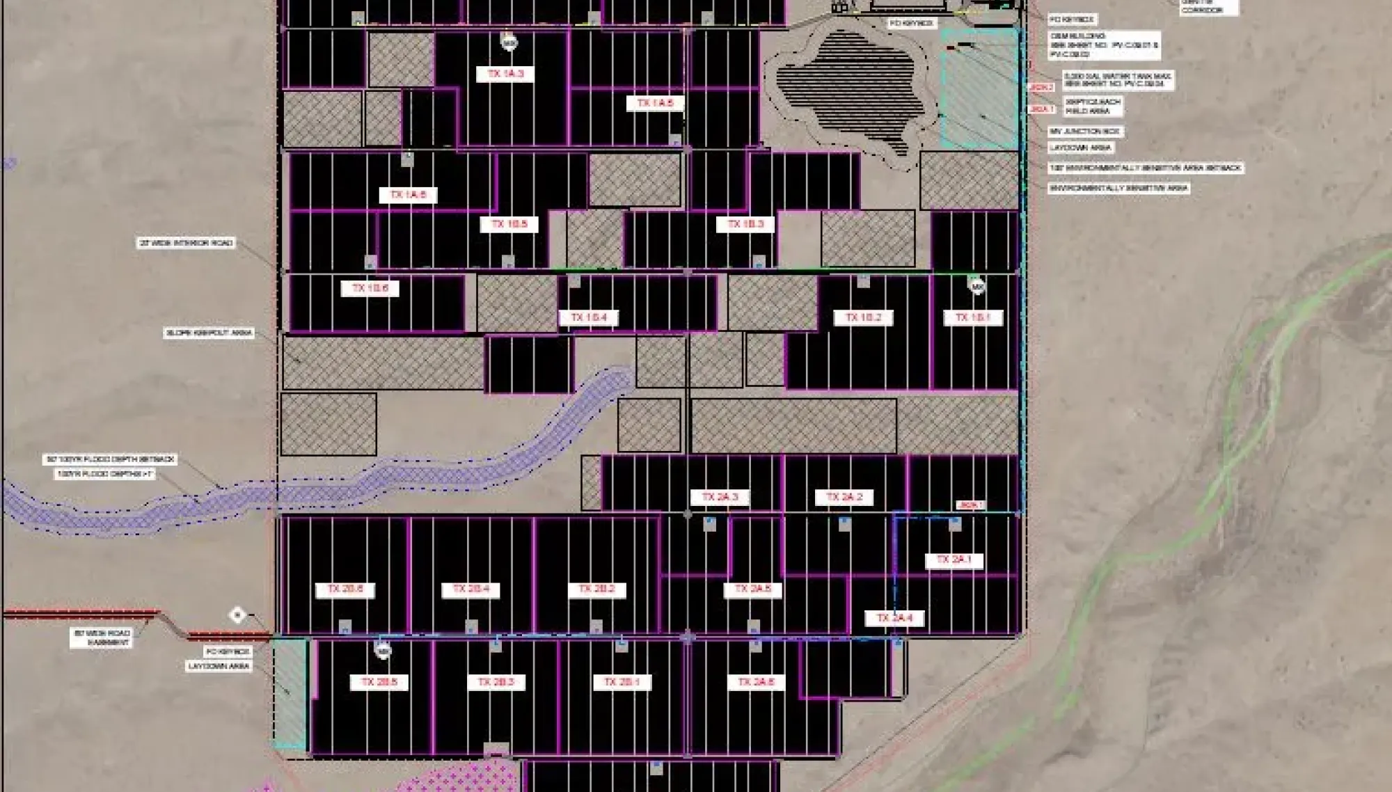 A detailed site plan of a solar farm layout in a desert area, showing multiple rectangular sections labeled with codes like TX 12.6, TX 14.8, and more. The plan includes roads, drainage areas, and labeled zones with specific functions. A compass rose indicates north, and the surrounding terrain is marked with various paths and boundaries.