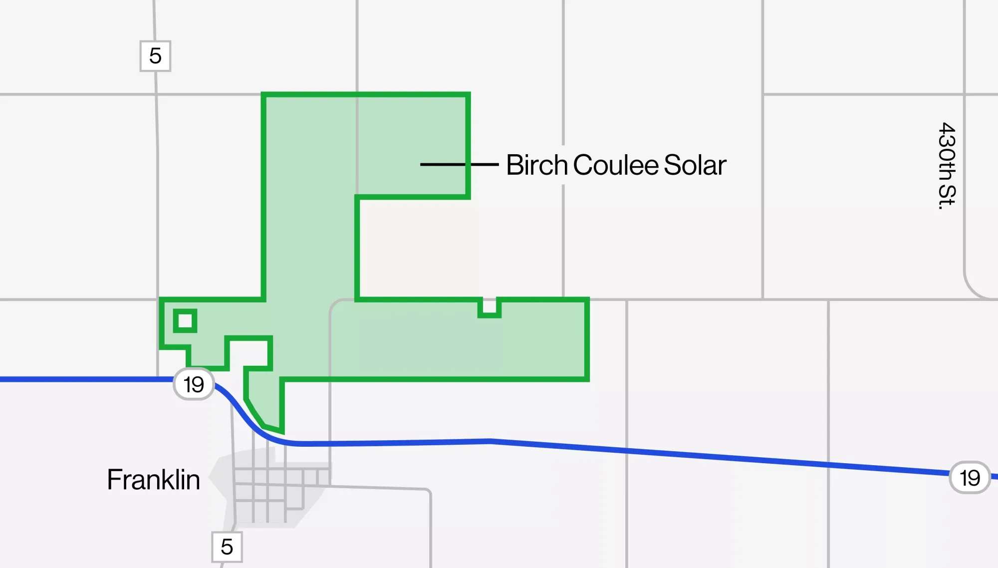 Map showing Birch Coulee Solar area outlined in green near Franklin. The area is bordered by Route 19 and 430th Street.