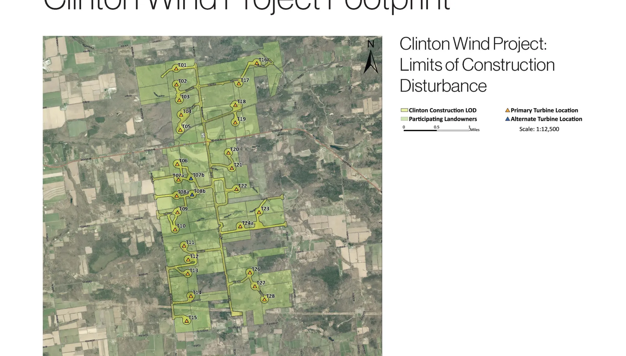 Map titled 'Clinton Wind Project Footprint' showing the limits of construction disturbance. Areas are highlighted in yellow for Clinton Construction LOD and outlined for participating landowners. Triangles indicate primary and alternate turbine locations. Scale is 1:12,500. AES logo is at the bottom right.