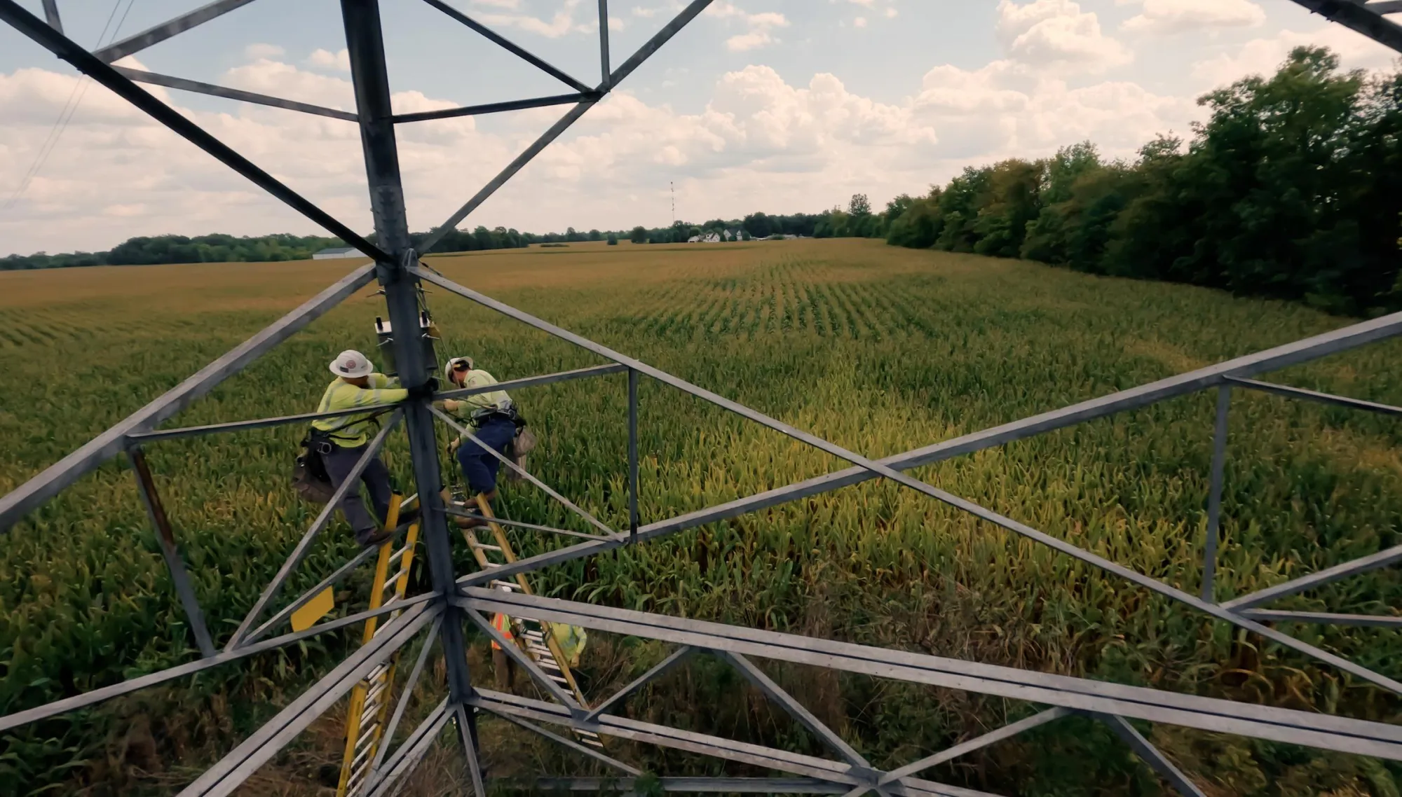 Two workers in safety gear climb a metal tower in a field of corn. The sky is partly cloudy, and trees line the field's edge in the background.
