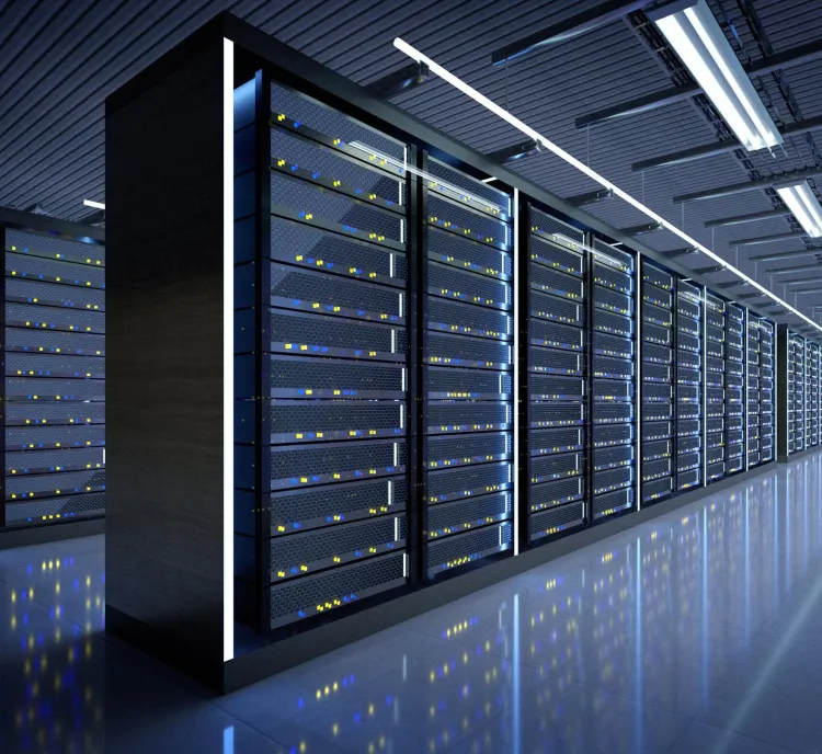 A modern data center with rows of server racks illuminated by blue and white lights. The floor is reflective, enhancing the glow from the server lights. The ceiling has evenly spaced fluorescent lights, and the room appears spacious and organized.