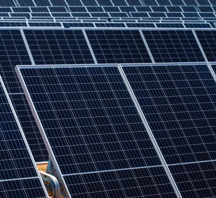 Close-up view of multiple solar panels arranged in rows, capturing sunlight for energy conversion.