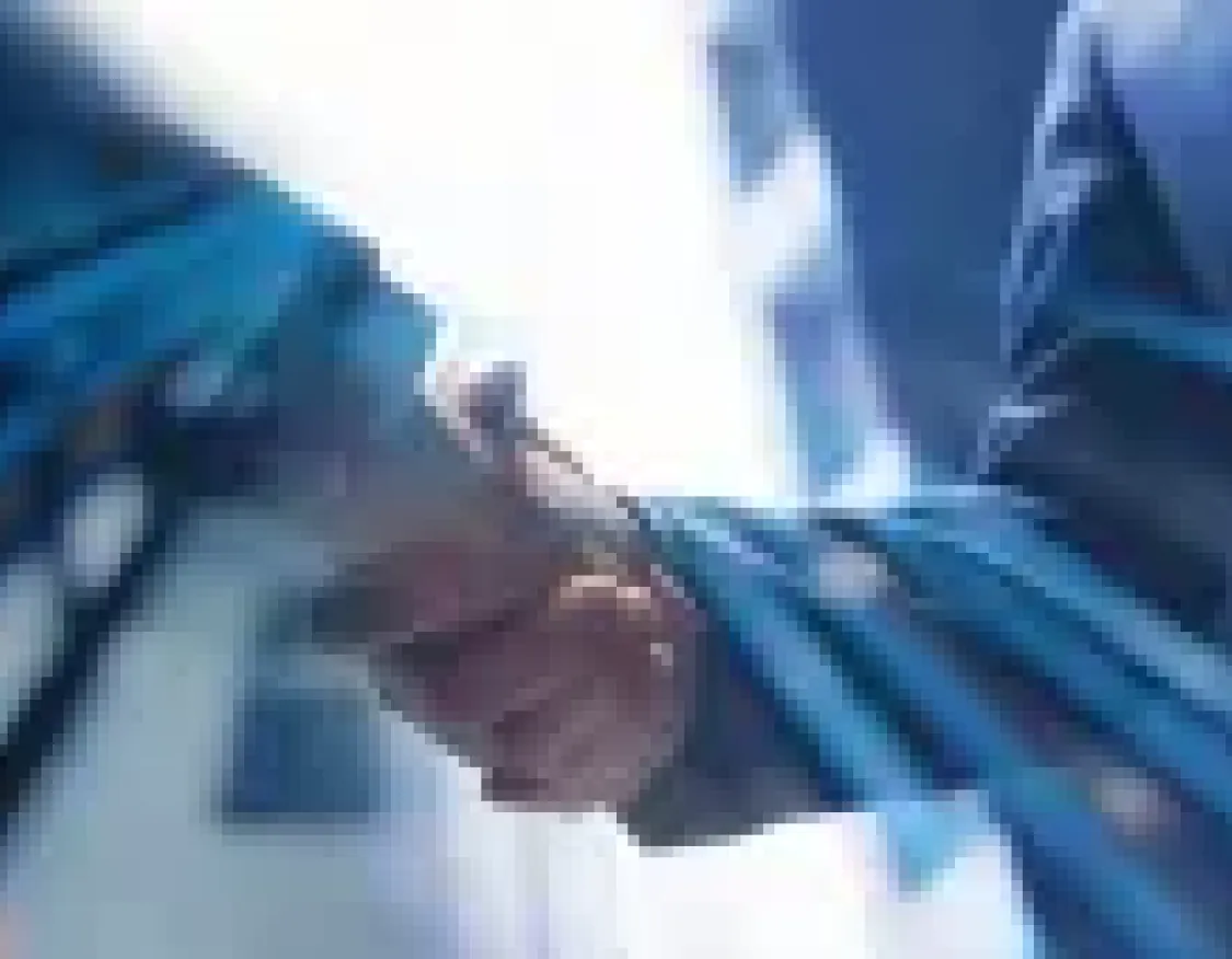 Two people shaking hands with a blurred background and blue light effects.