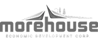 Logo of Morehouse Economic Development Corp. featuring stylized text 'morehouse' with a graphic of a hill, tree, and construction equipment above.