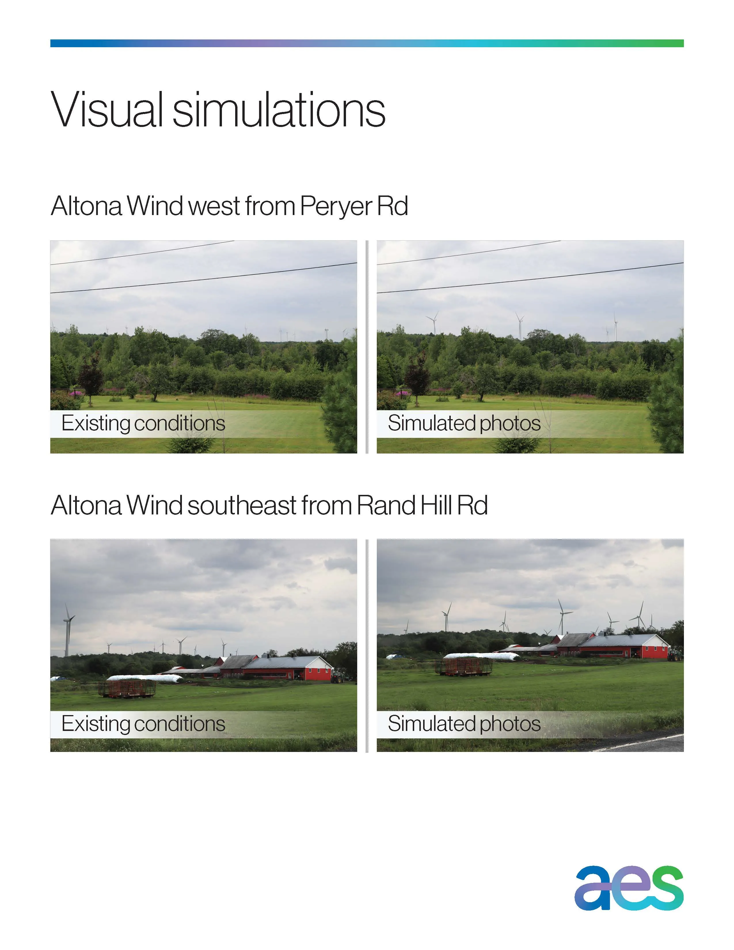 The image shows visual simulations of Altona Wind from two locations. The top row depicts 'Altona Wind west from Peryer Rd' with two photos: 'Existing conditions' showing a green landscape with trees, and 'Simulated photos' adding wind turbines. The bottom row shows 'Altona Wind southeast from Rand Hill Rd' with similar 'Existing conditions' and 'Simulated photos' with wind turbines added. AES logo at the bottom right.