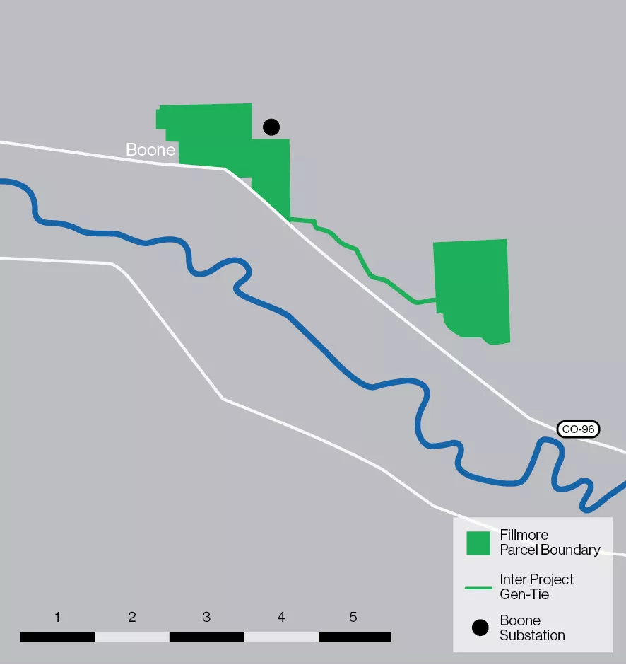 Map showing Fillmore Parcel Boundary in green, Inter Project Gen-Tie in green line, and Boone Substation marked with a black circle. A blue line represents a river or road. The map includes a scale bar and labels for Boone and CO-96.