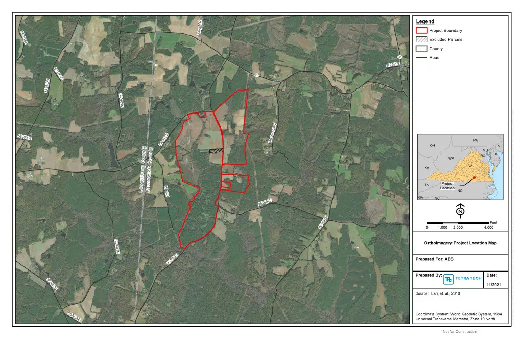 Aerial map showing a project area outlined in red within a rural landscape. The map includes roads, county boundaries, and excluded parcels. A small inset map shows the project's location in the southeastern United States. The map is labeled 'Orthomagery Project Location Map' and was prepared for AES by Tetra Tech in November 2021.