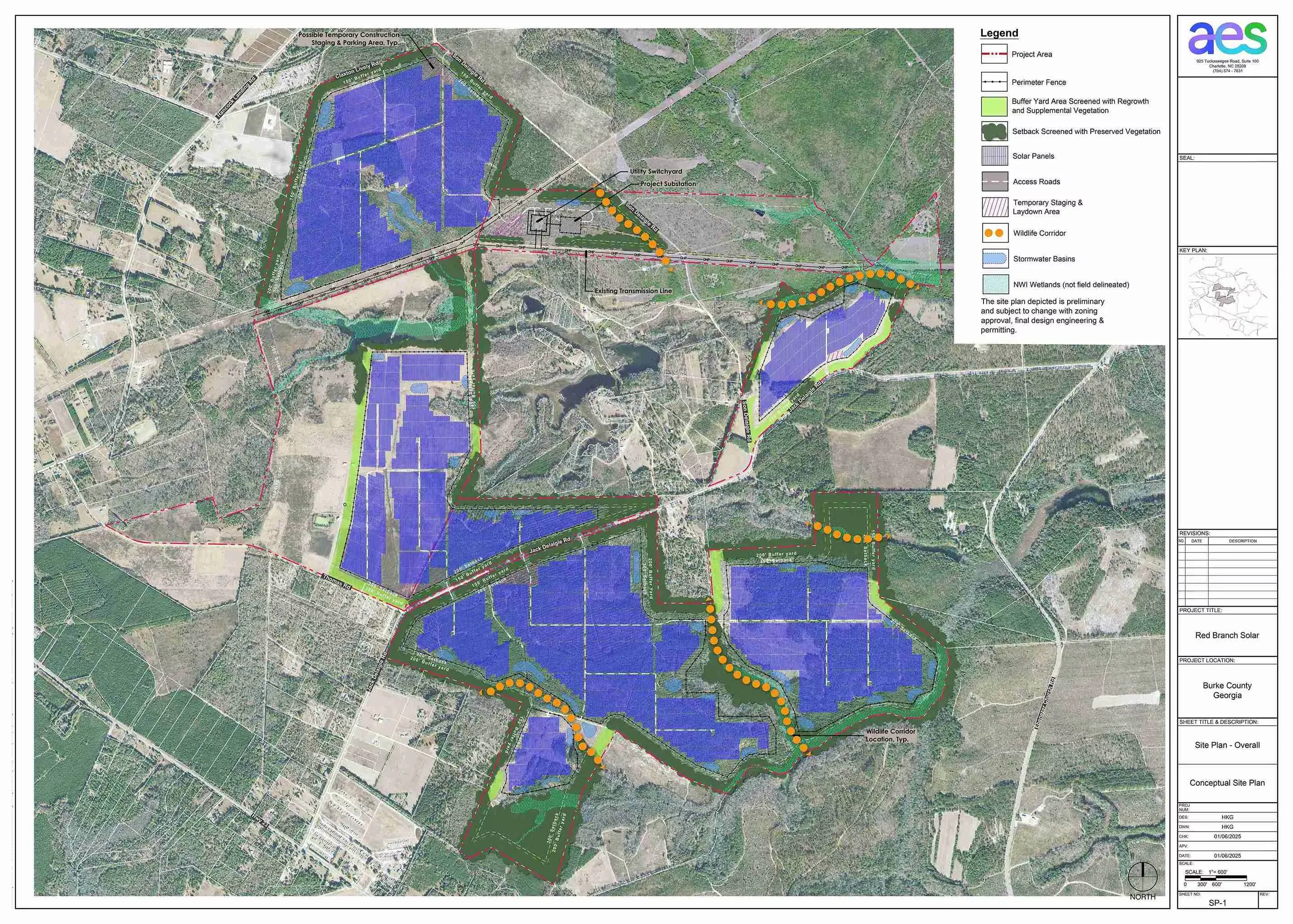 Aerial map of a project area labeled Red Branch Solar in Burke County, Georgia. The map highlights areas with solar panels in blue, project boundaries in red, and perimeter fences in green. It includes access roads, wildlife corridors marked with orange dots, and stormwater basins. A legend explains symbols for various elements like buffer yard areas and wetlands. The AES logo is in the top right corner.