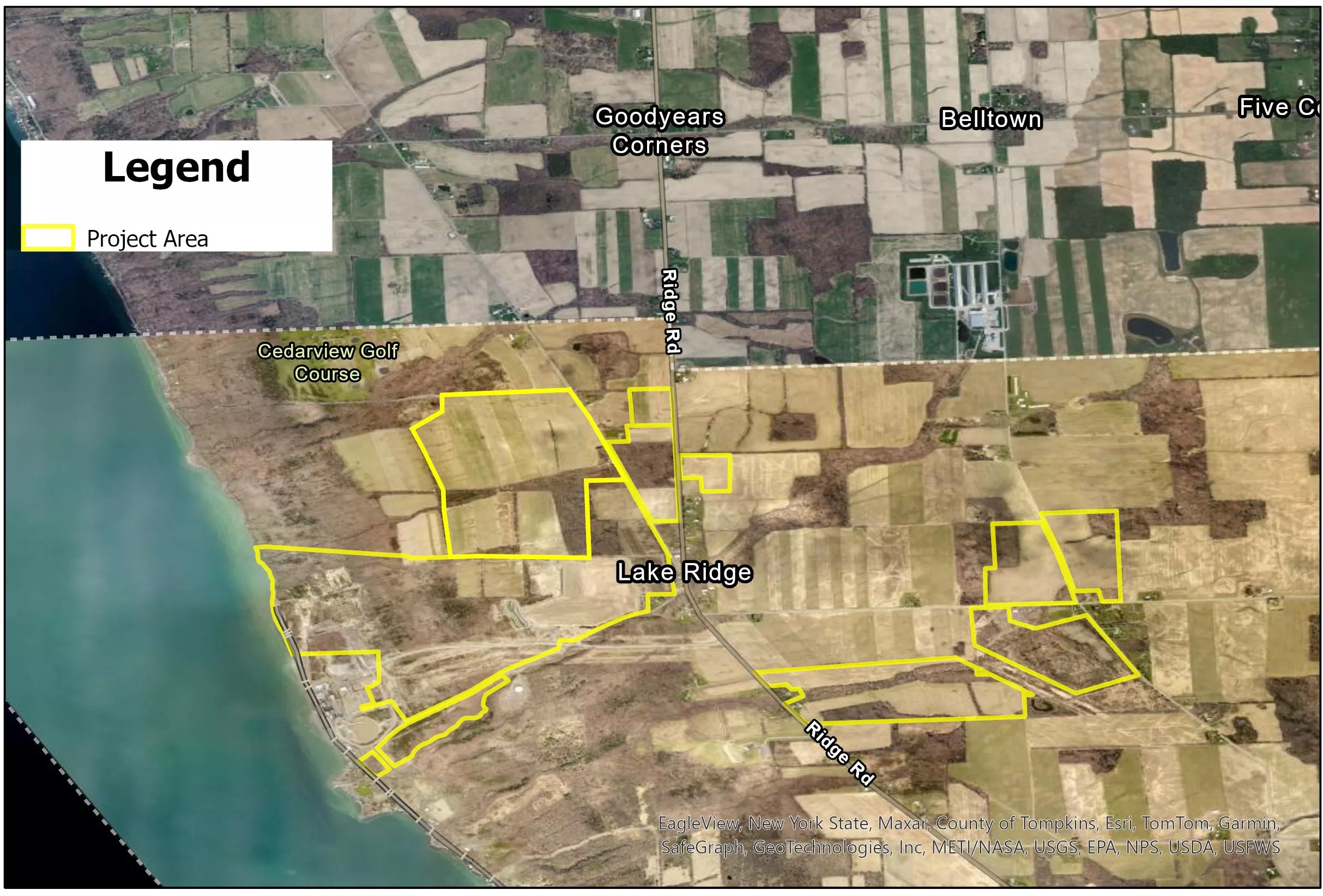 Aerial map showing a project area outlined in yellow near Lake Ridge. The map includes labels for Goodyears Corners, Belltown, and Five Corners, as well as Cedarview Golf Course. Roads such as Ridge Rd are visible. The project area is near a large body of water on the left.