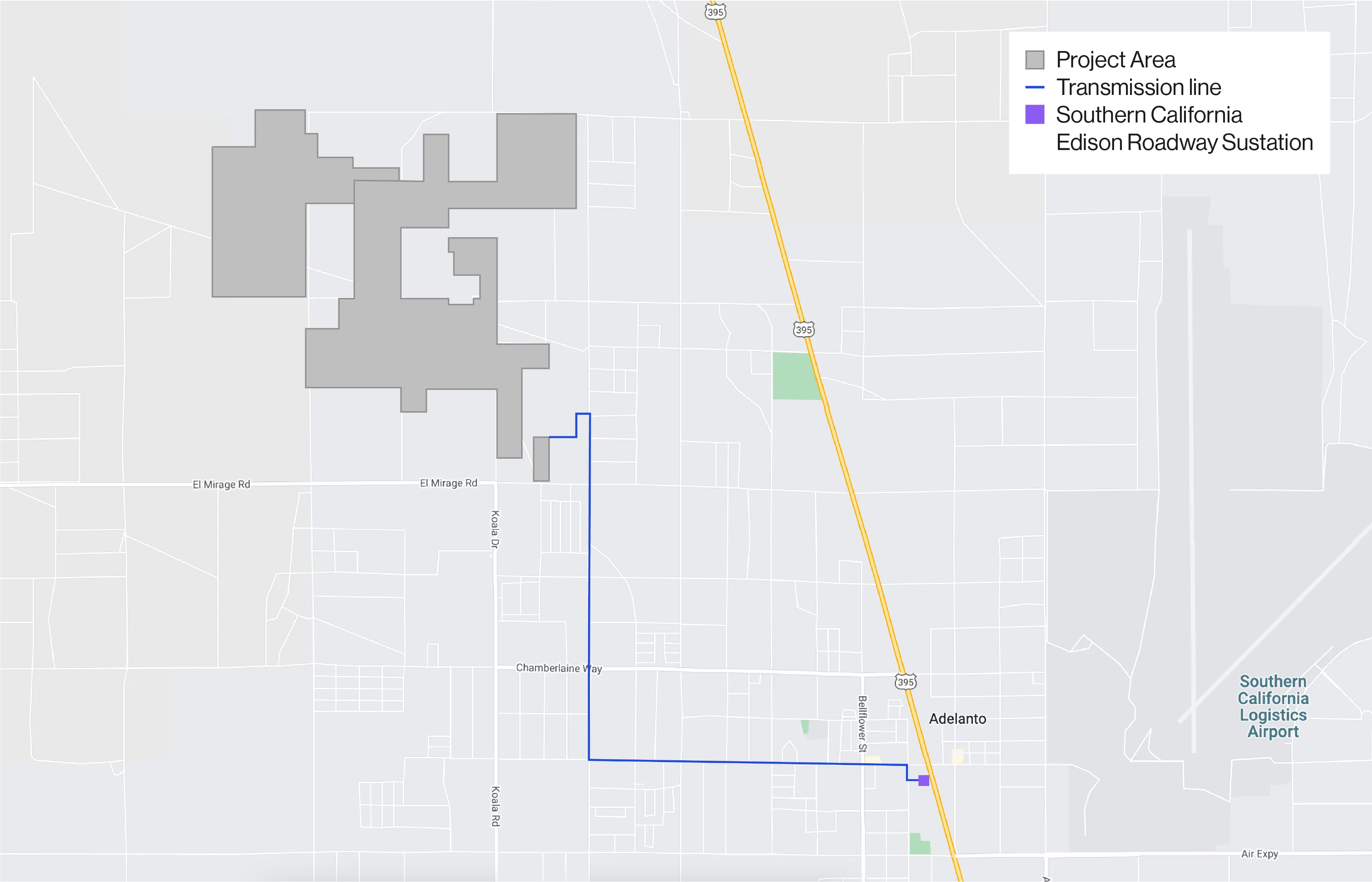 Map showing project area in gray, transmission line in blue, and Southern California Edison Roadway Substation in purple. The map includes roads such as El Mirage Rd and Koala Dr, with Adelanto and Southern California Logistics Airport labeled.